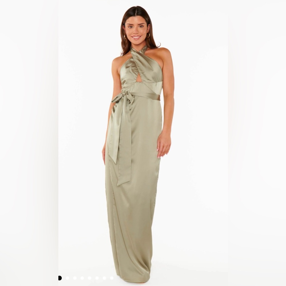 Show Me Your Mumu Adele Halter Maxi Dress Moss Green Satin | Size S - Picture 5 of 17